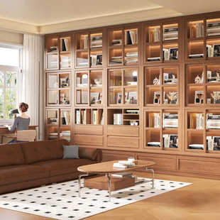 实木书柜带卡座一体整墙到顶玻璃防尘去客厅化满墙储物柜收纳书架