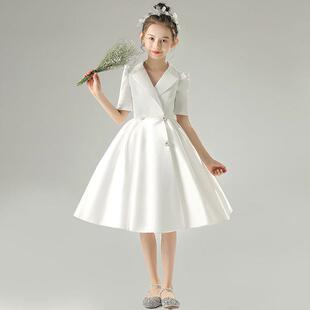 白色翻领中袖 儿童模特走秀钢琴演出礼服裙女童主持晚礼服公主裙子