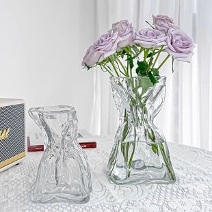 高级感简约创意不规则民宿花瓶透明玻璃客厅桌面插花水养装 饰摆件