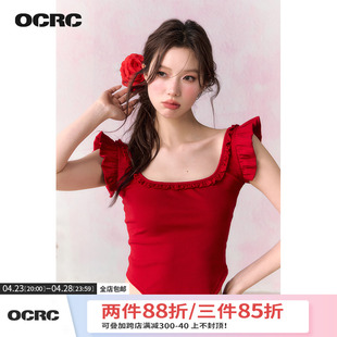 Official红色辣妹小飞袖 OCRC 短款 吊带上衣女夏季 T恤 正反两穿修身