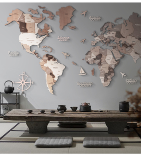 实木世界地图旅行办公室司客厅学校墙装 饰画品现代简约创意3D立体