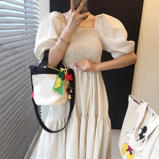 韩国chic夏季 连衣裙长裙女 简约气质方领褶皱设计感收腰显瘦泡泡袖