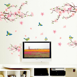 温馨浪漫桃花花卉飞鸟床头 饰可移除墙贴画XL8051 卧室客厅沙发装