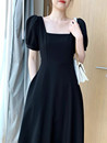 黑色连衣裙女夏2024新款 法式 裙子 复古方领收腰显瘦气质泡泡袖 长款
