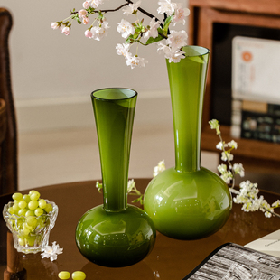掬涵中古绿高级感长颈琉璃花瓶摆件仿真花客厅插花法式 饰 家居装