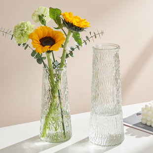 浮雕北欧简约玻璃花瓶透明水养富贵竹客厅餐桌插花摆件 三件套