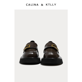 CALINA&KTLLY乐福鞋 女2023秋冬新款 平底棕色英伦风小皮鞋 黑色单鞋