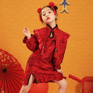 儿童旗袍中国风红色花童汉服小女孩国潮中式 主持高端女童拜年礼服