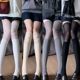 韩版 拼接过膝袜网纱堆堆袜纯色百搭雪地长靴袜显瘦jk高筒袜女学生
