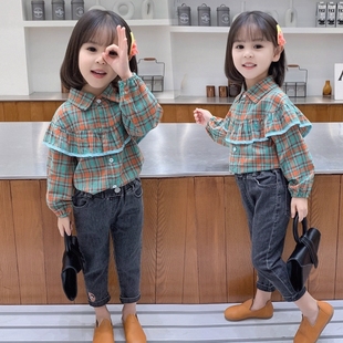 衬衫 时髦女童秋装 新款 上衣洋气长袖 儿童秋款 小童格子宝宝衬衣韩版