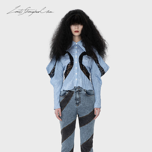 Louisshengtaochen原创设计师23秋水波蕾丝拼接蝙蝠袖 衬衣