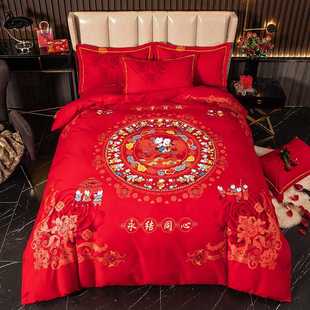 高档百子图四件套全棉纯棉红色结婚婚庆加厚磨毛床单被罩双人床上