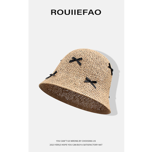 ROUIIEFAO可爱蝴蝶结草帽女镂空透气显脸小水桶帽夏季 遮阳渔夫帽