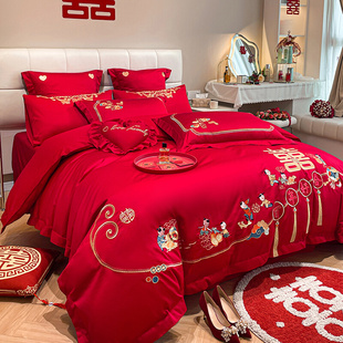 爆新中式 100支婚庆四件套大红色喜被龙凤刺绣被套新婚结婚床上品