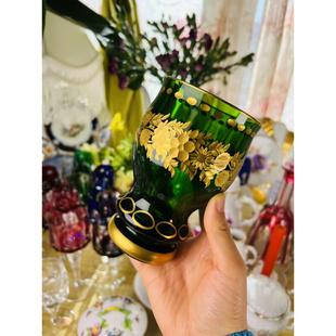 德国中古瓷器拍下8.8折 饰水晶酒杯花 绿色刻花描金花簇装