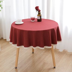 红色圆桌子桌布布艺棉麻喜庆订婚结婚过年大圆形餐桌布台布圆桌布