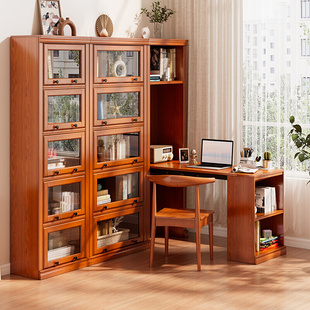 定制新款 客厅转角组合书架实木家用伸缩电脑 折叠书桌书柜一体美式
