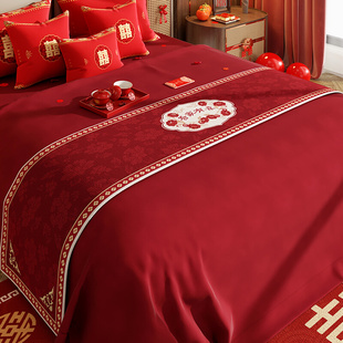 红色喜庆床旗结婚婚房床尾搭巾新婚床上用品喜字桌旗茶几茶台桌布