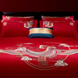 中式 刺绣结婚床上四件套红色喜被120支全棉被套婚庆床单床上用品