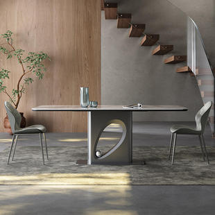 意式 亮光岩板餐桌椅组合现代轻奢客厅家用小户型全托长方形饭桌