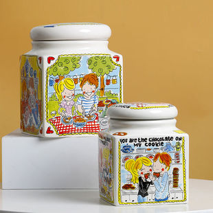 荷兰太太创意卡通大方罐陶瓷密封罐大号方形储物收纳罐子个性 摆件