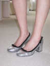 ElegiFemme原创24新款 Bella银色圆头蝴蝶结单鞋 高跟 亮片芭蕾舞鞋