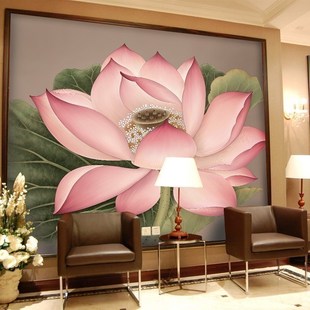 中式 花鸟荷花壁纸大型壁画背景电视影视墙纸客厅沙发美容院墙纸