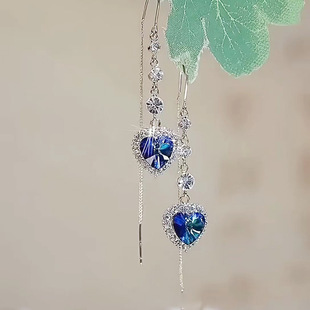 超仙蓝水晶爱心耳线 高级感时尚 气质百搭耳饰品 轻奢长款 流苏耳环