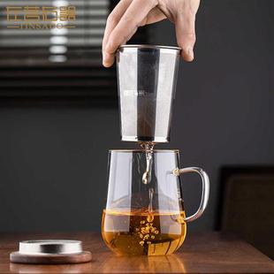左茗右器不锈钢盖玻璃杯办公室茶杯个人专用水杯子茶水分离泡茶杯