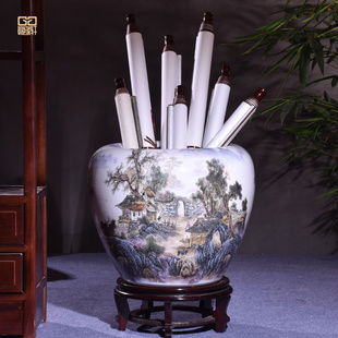 景德镇陶瓷中式 花瓶客厅落地书画缸卷轴缸画轴收纳字画桶帽筒摆件