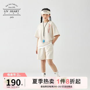 日本LIVHEART女童短袖 T恤短裤 儿童休闲两件套女大童 运动套装 夏季