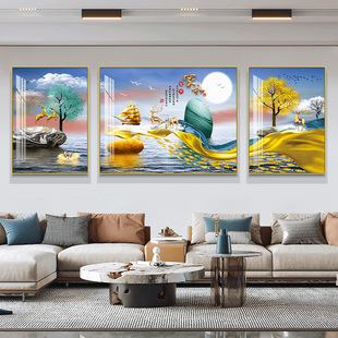 新中式 饰画麋鹿沙发背景墙壁挂画大气家和富贵三联晶瓷镶钻 客厅装