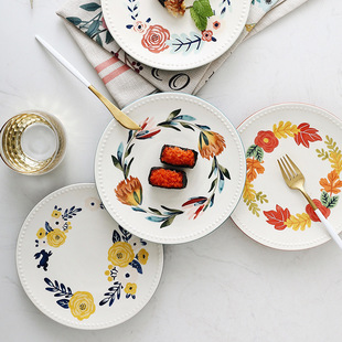 创意欧式 珠边盘家用陶瓷糕点盘子点心盘单个现代客厅甜品餐具 四季