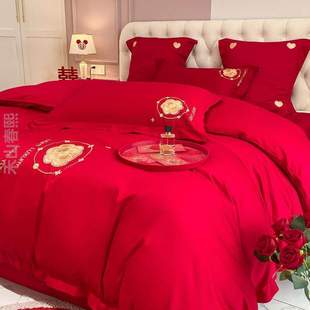 风婚床中式 高档结婚公主龙凤刺绣 四件套红色系婚庆.大红床单新款