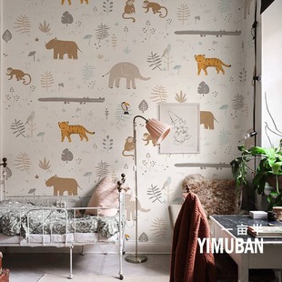 北欧简约卡通小动物儿童房墙纸现代卧室床头壁布全屋装 饰壁纸壁画