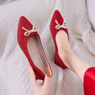 女平底单鞋 小众婚礼豆豆鞋 红色秀禾婚鞋 中式 新娘鞋 低跟舒适浅口鞋