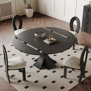 黑色岩板餐桌可伸缩现代简约家用小户型法式 复古风圆形实木餐桌椅