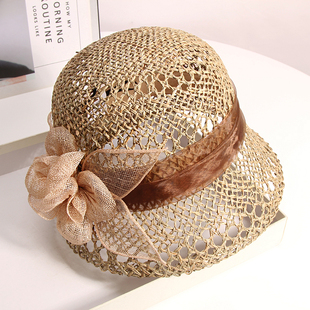 帽子女夏季 英伦复古优雅渔夫帽镂空遮阳麻纱花朵盆帽出游礼帽 新款