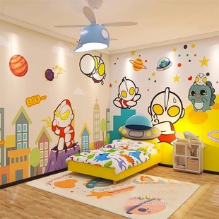 卡通儿童房壁纸奥特曼墙贴男孩房间背景墙定制壁画幼儿园装 修墙布