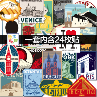 日默瓦旅游系列个性 欧美城市地标行李箱贴纸怀旧复古拉杆箱子贴画