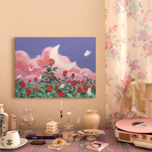 红玫瑰花墙数字油画 diy手工填色浪漫月光下 饰 白玫瑰唯美花卉装