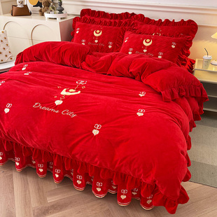 婚庆大红色床裙单件加厚牛奶绒裙罩四件套A类婴儿绒夹棉花边床罩2