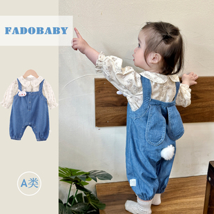 韩版 婴儿春装 两件套 碎花包屁连体衣套装 女宝宝衣服牛仔兔子背带裤