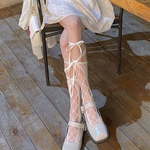 洛丽塔袜子白色绑带袜子女交叉小腿袜夏季 半筒jk丝袜长筒潮黑 薄款