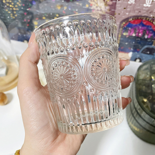 ins 高颜值太阳花水杯浮雕复古杯子玻璃透明仙女喝水杯果汁饮料杯