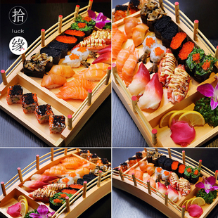 白木刺身拼盘寿司桥寿司盛器日式 餐具寿司盘子木制拱形桥创意餐具
