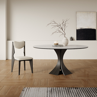 新品 8人复古纯白V岩板圆形餐桌带 北欧实木圆桌现代简约家用高端6