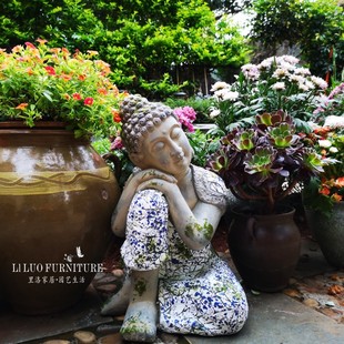 别墅花园庭院睡佛装 饰品禅意摆件园艺造景东南亚落地彩绘青花佛像