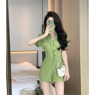 小香风小个子修身 套装 夏季 新款 显瘦连身绿色衬衫 领工装 女 连体短裤