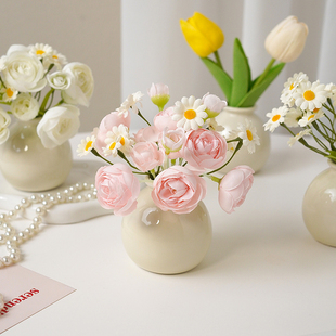 洛嘉奶油色陶瓷小花瓶仿真花套装 饰桌面迷你家居摆件 放假花干花装